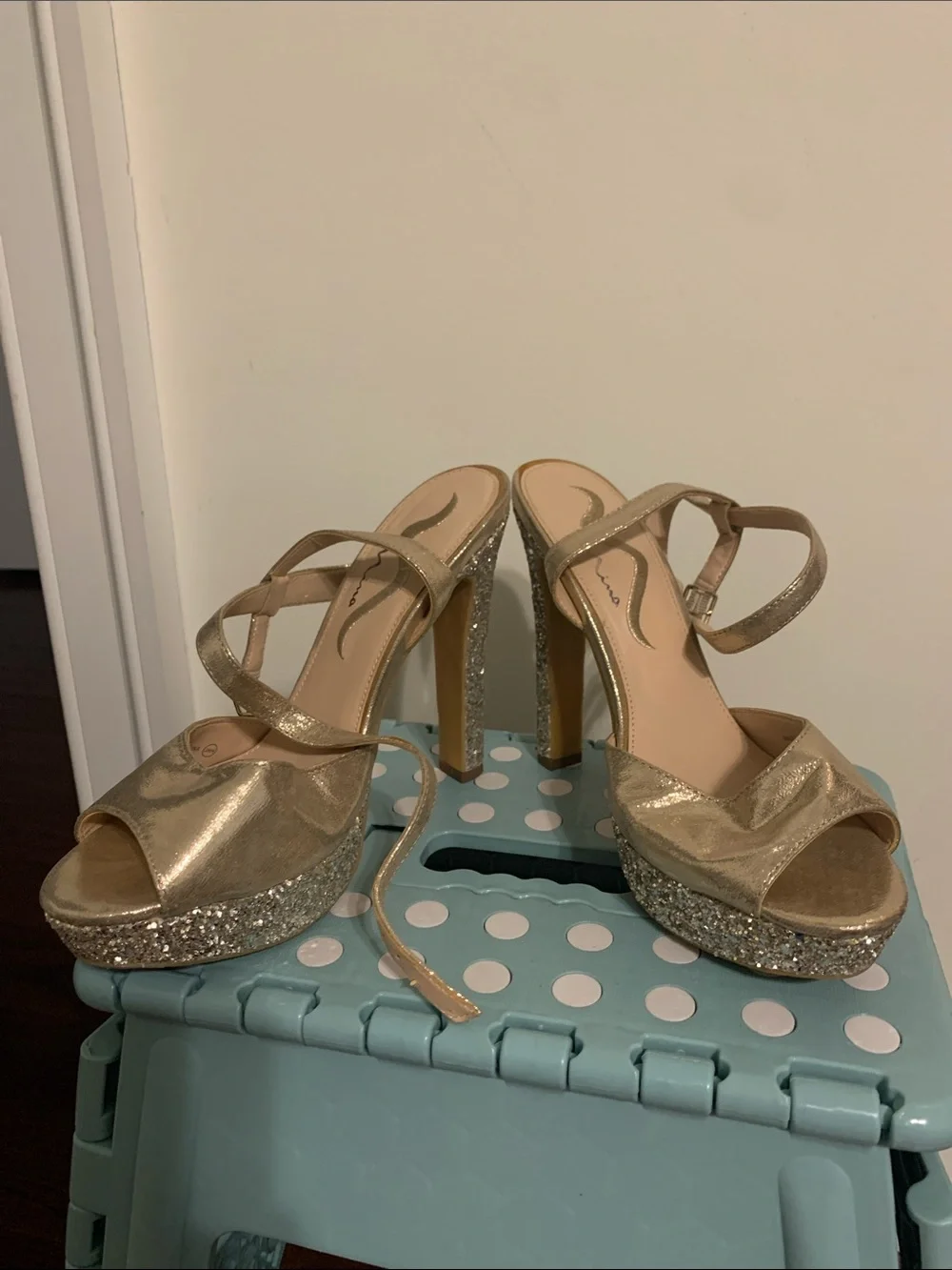Nina Gold Glitter Platform Strappy High Heels